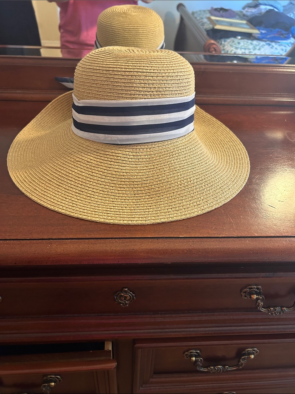 Nine West Striped Bow Straw Sun Hat - Navy & White